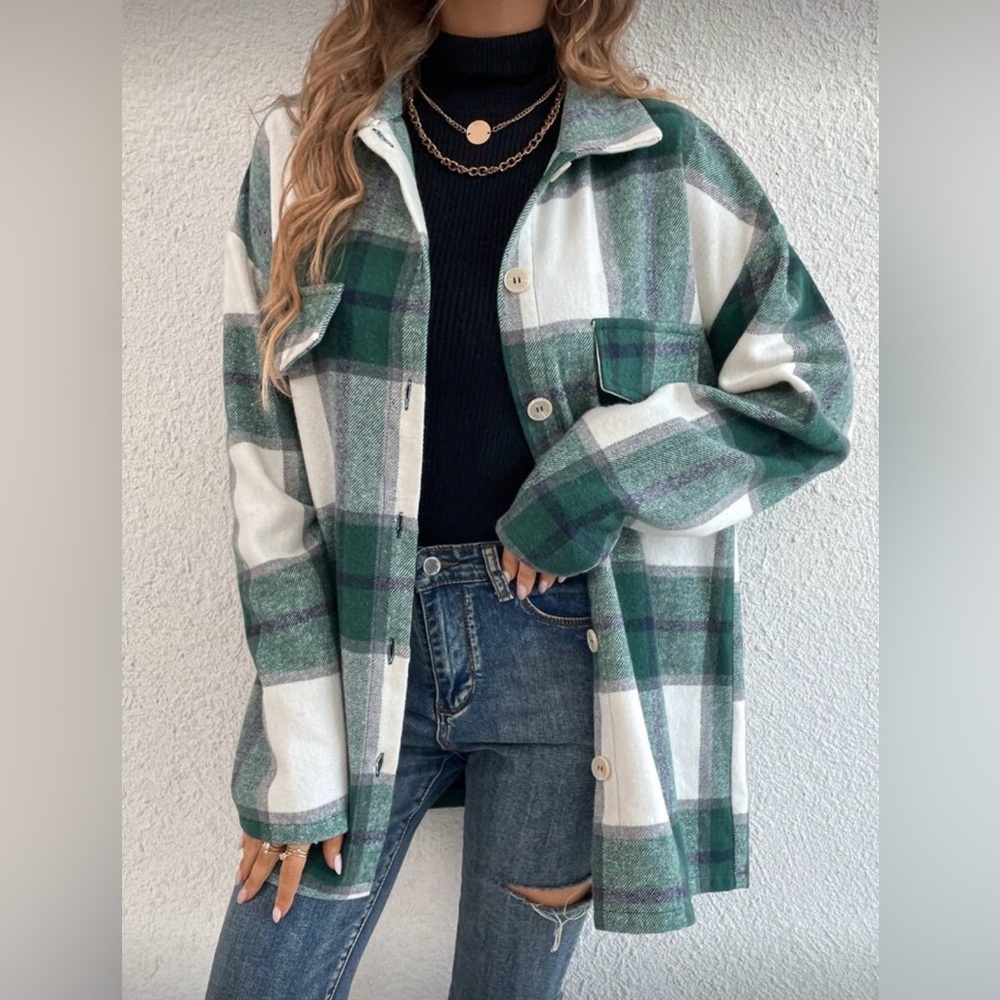 SHEIN LUNE Plaid Print Drop Shoulder Flap Detail Coat - Picture 2 of 5
